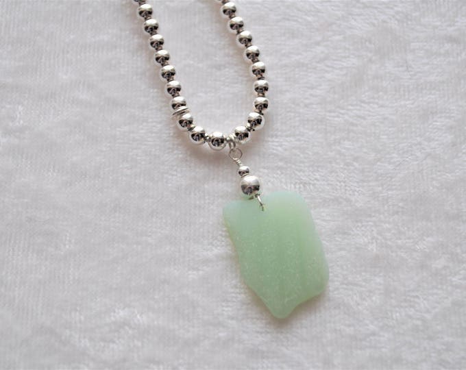 Sea Glass Jewelry Beach Necklace in Patterned Jadeite Sterling Silver Beaded 7904