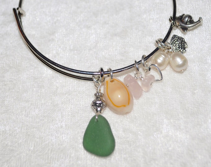 Adjustable Expandable Sea Glass Jewelry Beach Bangle Wire Charm Bracelet Dark Green 1174