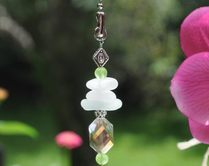 Ceiling Fan Pull, Genuine Sea Glass, Light Pull, Suncatcher, Frosty Seafoam Mix Stack 519, Lamp Pull, Glass Beaded Pull, Unique Beach Gifts
