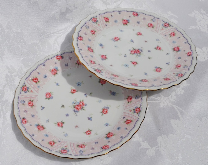 Vintage Pair Petit Rose Dessert Plates Andrea by Sadek 7.5" Gold Trim Free Ship