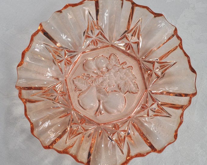 Vintage Ruffled Pioneer Pink Glass Bowl 8" w/ Fruit Center Free Ship