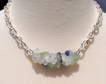 Gorgeous Sea Glass Jewelry Beach Glass Twist Necklace Heavy Statement Necklace Solid Sterling Silver Multi Colored Mix Free Shipping 7045