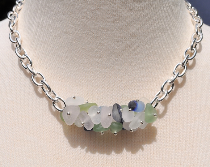 Gorgeous Sea Glass Jewelry Beach Glass Twist Necklace Heavy Statement Necklace Solid Sterling Silver Multi Colored Mix Free Shipping 7045