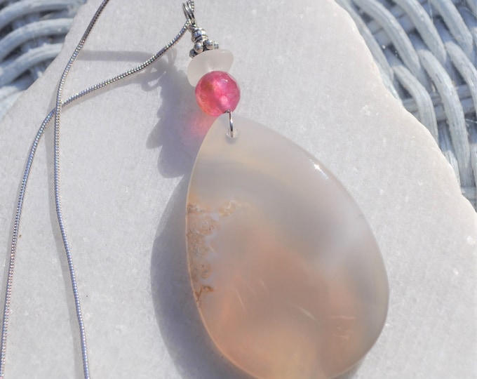 Agate Pendant Necklace, Large Natural Scenic Dendric, Genuine Sea Glass Accent, Faceted Tourmaline Gemstone, Sterling Chain Included B185