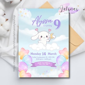 May include: A birthday invitation with a light blue sky background, featuring the name "Alyssa" and the number "9". The invitation includes a cartoon character, clouds, balloons, and event details. Text on the invitation reads "Monday 14 March" and "RSVP TO CAROLA".