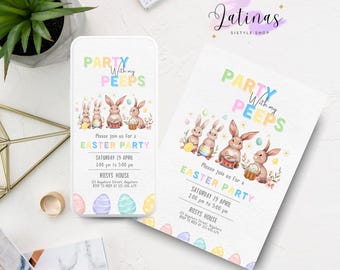 Editable Party With My Peeps Easter Party Invitation, Happy Rabbit Easter Egg Hunt Invite, Girl Bunny Easter Party Mobile Invitation