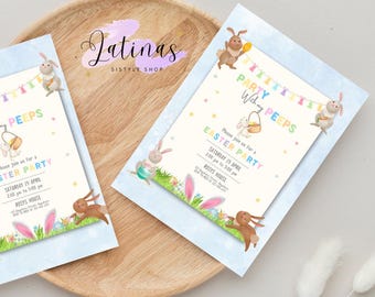 Editable Party With My Peeps Easter Party Invitation, Happy Rabbit Easter Egg Hunt Invite, Girl Bunny Easter Party Mobile Invitation