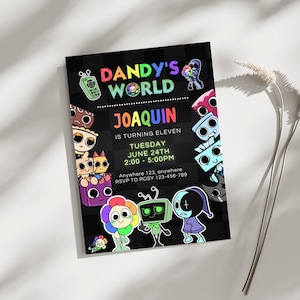 May include: A black and rainbow colored invitation for an 11th birthday party. The invitation features the text "Dandy's World" and "Joaquin is turning eleven". The invitation also includes the date and time of the party, "Tuesday, June 24th, 2:00-5:00PM", and the location, "Anywhere 123, anywhere". The invitation also includes the RSVP information, "RSVP to Rosy 123-456-789".
