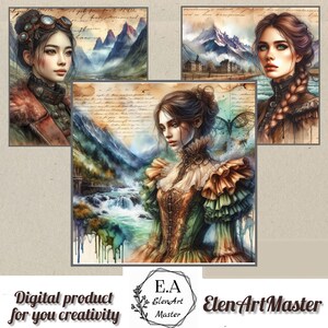 Mujer joven en las montañas. Hoja cuadrada. 39 imágenes PNG. Para scrapbooking, tarjetas y otras creaciones. Impresión en A4-A5.