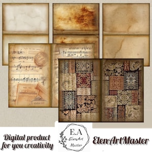 Puede incluir: Una colección de papeles digitales de estilo vintage con texturas envejecidas, partituras musicales y diseños estampados. Los papeles presentan una paleta de colores cálidos de marrones, beiges y rojos, perfectos para scrapbooking y proyectos de manualidades. El texto "Digital product for you creativity" es visible.