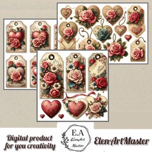 Rosen. Dekorative Elemente, Tags und Lesezeichen. 20 Blatt. Für Scrapbooking, Kartenbasteln, Ephemera und Serviettentechnik geeignet. Druck A4-A5.