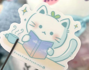 Kawaii reading cat sticker | 2.5 inch kawaii sticker | cute sticker | water proof sticker | book lover cat sticker