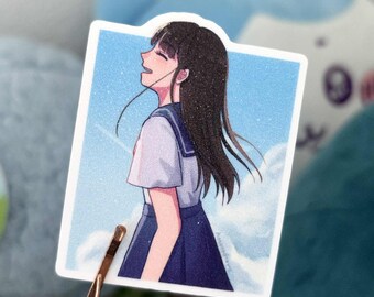 Original character blue sky and girl sand glitter sticker | 2.5 inch kawaii sticker | dreamy youthful sticker | water proof sticker