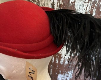 Vintage - Importina 100 % Wool Hat Feather Red Black Nos New 