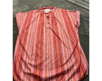 Roamans Vintage Red Striped Tunic Top Short Sleeve Mandarin Collar USA Made