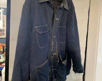 Vintage Wrangler filtfodrad denimkappa i sliten indigoblå storlek 48