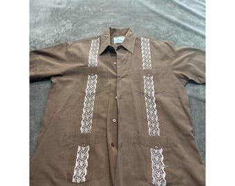 Vintage Haband of Paterson Guayabera Shirt Men Medium Brown Embroidered Cuban SS