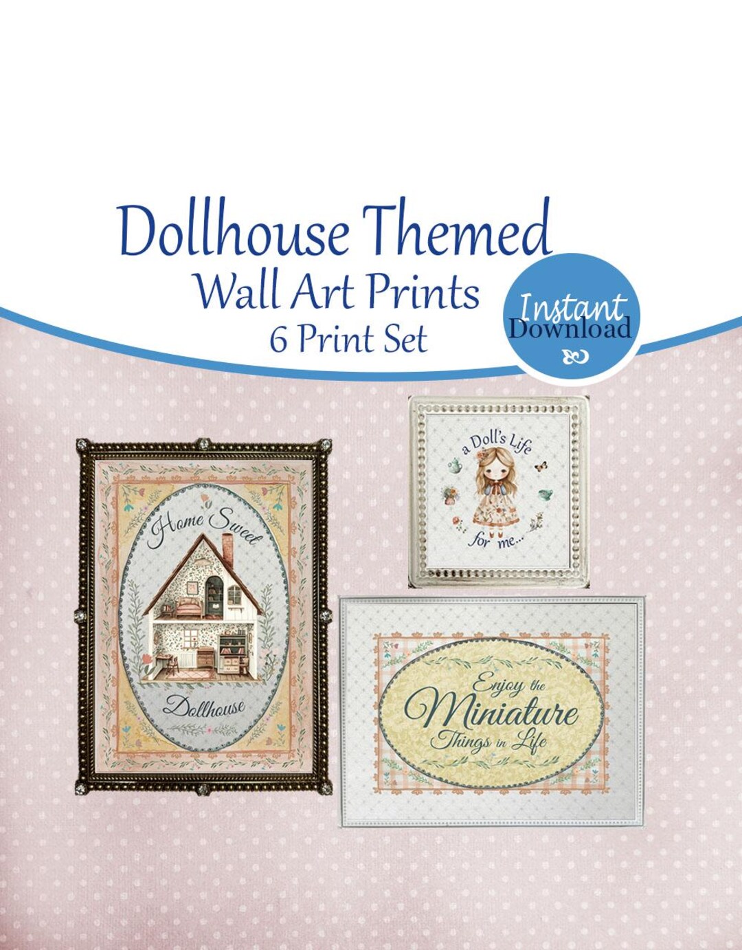 Miniature Dollhouse Themed Watercolor Gallery Wall Art 6 Print Set