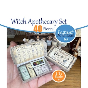 May include: A miniature Witch Apothecary Set with 40 pieces. The set includes small boxes labeled "Witchcraft Apothecary", "Symbols", and miniature books with titles like "Frog Warts" and "Skull Powder". The set is 1:12 scale.