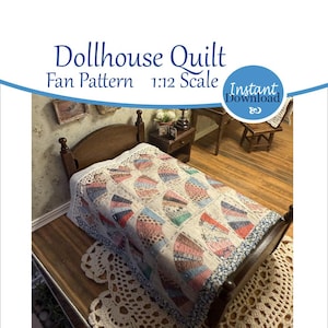 Miniatuur poppenhuis quilt waaierpatroon klein bed afdrukbaar schaal 1:12. Directe download afdrukbaar. Inkjet-warmteoverdracht #miniaturen