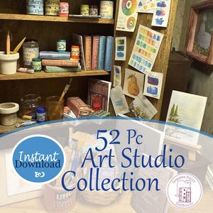 52 Stück Miniatur Vintage Art Studio druckbare Maßstab 1:12. Kunstbücher, Gemälde, Zeichnungen, Skizzenbücher, Kunstzubehörboxen, Lineale.