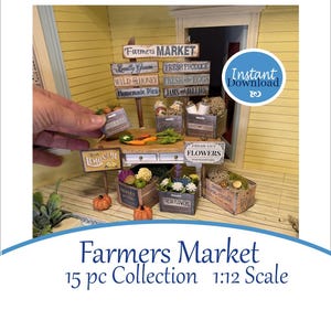 15-delige miniatuur Farmers Market-collectie. Zet een markt op de veranda van je poppenhuis. Afdrukbaar op schaal 1:12. bevat 9 borden en 6 kratten.