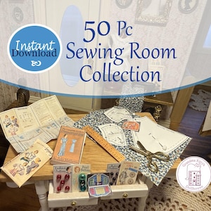 50 Teile Miniatur Vintage Nähzimmer Accessoires Printable 1:12. Nähen Bücher Kleidermuster Knopfkarten Garn Etiketten Quiltmuster
