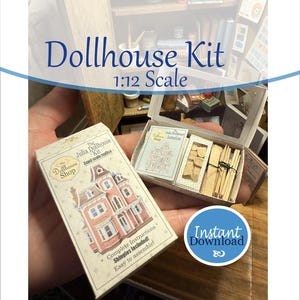 Miniature Dollhouse Kit (Faux) instant download Printable 1:12 Scale. wallpaper, floors, shingles box, instructions, glue & paint labels.