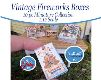 Vintage 4th of July Miniature Fireworks Boxes and Flags 10 Piece Collection. Instant Download Printable 1:12 Scale