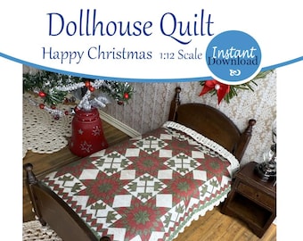 Miniature Dollhouse Happy Christmas Quilt Pattern small bed Printable 1:12 scale. Instant Download Printable Inkjet Heat Transfer miniatures