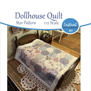 Miniature Dollhouse Quilt Star Pattern Small Bed Printable 1:12 Scale. Instant Download Printable. Inkjet Heat Transfer #miniatures