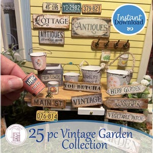 25 PC Miniatur-Vintage Gartendrucke. Das Set enthält 12 rustikale Schilder, 4 Nummernschilder, 4 verrostete Dosen, 4 alte Eimer & 1 Kiste im Maßstab 1:12