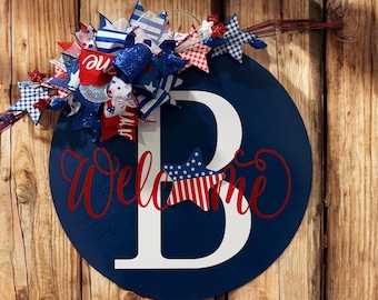 18 inch wooden monogrammed 4th of July door sign