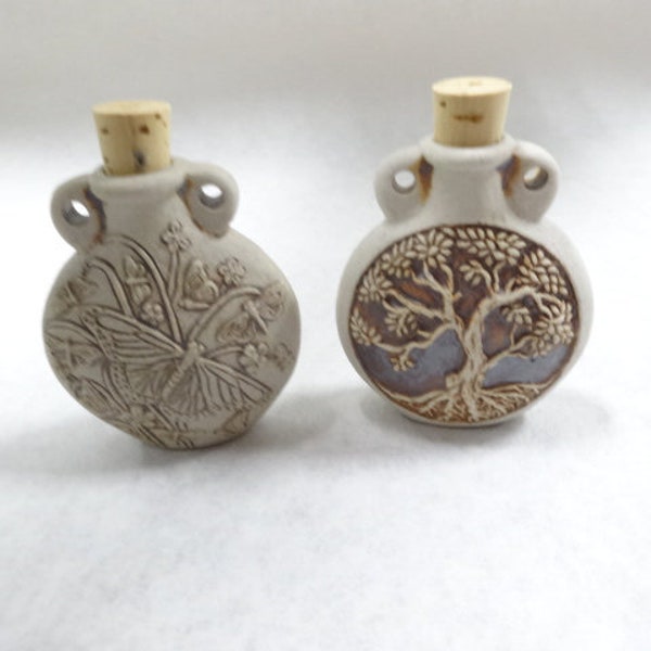 Set Lot (2) Each Peruvian Clay Ceramic Bottle Pendants Butterfly Tree Of Life