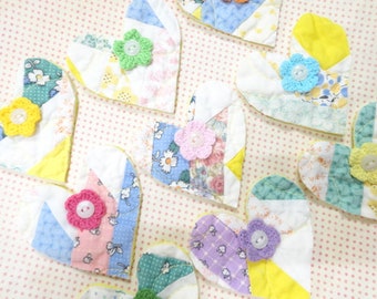 Small Vintage Heart Shape Petite Patchwork Pieces Cutter Quilt Sweet Pastel Fabric Prints Applique Lot (9) Each Project Embellishments