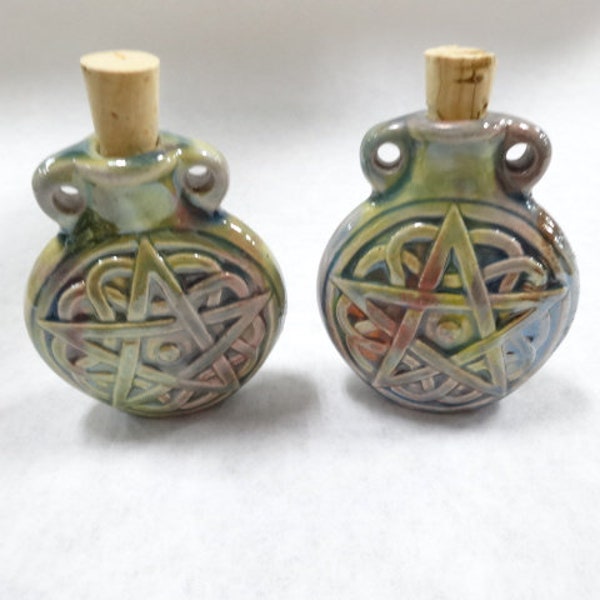 Set Lot (2) Each Peruvian Clay Ceramic Bottle Pendants Mystic Pentagram
