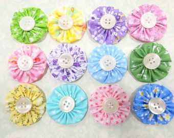 Pretty Posies Pastel Fabric Petite Prints Handmade Vintage Fabric Flower YoYo Yo-Yo Button Lot (12) Each