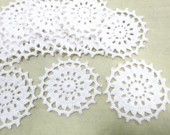 Vintage White Crochet Round Motifs Mini Doily Lot (12) Each 2 1/2" Wide Flower Star Snowflake Design Pieces Salvaged Textile Embellishments