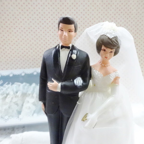 Bride and Groom Wedding Cake Topper Vintage Hard Plastic Couple Lot PLUS Blue Lingerie Garter White Hanky