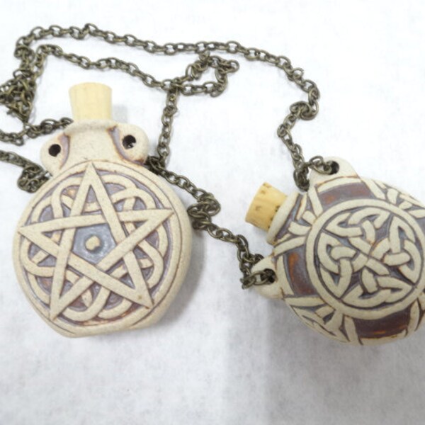 Set Lot (2) Each Peruvian Clay Ceramic Bottle Pendants Celtic Knot Pentagram