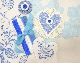 Feeling Blue Crafty Project Pieces Embroidered Linen Placemat Lace Notions Trims Bundle