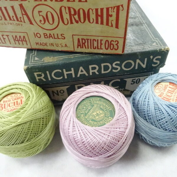 Antique Crochet Tatting Cotton Thread Ball Skein Lot (3) Each Pastel Colors Old Notions Destash