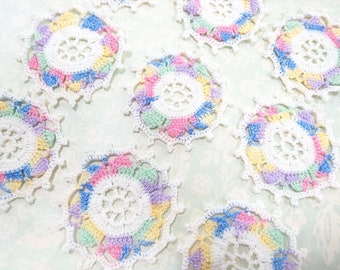 Vintage White Pastel Crochet Round Motifs Mini Doily Lot (9) Each 2 1/2" Wide Flower Design Pieces Salvaged Textile Embellishments