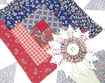 Americana Patriotic Project Cutter Quilt Top Fabric 12" Square Piece Log Cabin Star Pattern Project Textile Lot