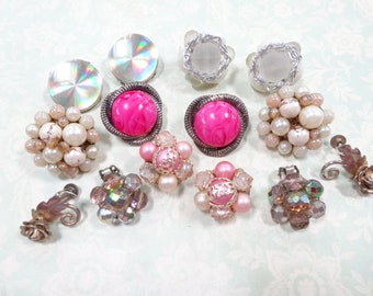 Vintage Estate Lot (7) PAIRS Earrings Rhinestones Beaded Cluster Fashion Costume Jewelry Mix Project Destash