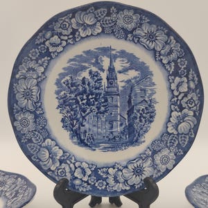 Liberty Blue England Saucer Plate Set: Historic Colonial Scene