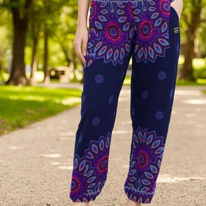 Womens Harem Pants Blue Floral Mandala Thai Pants Yoga Pants Hippie Pants Lightweight Rayon Festival Lounge Trousers Boho Style