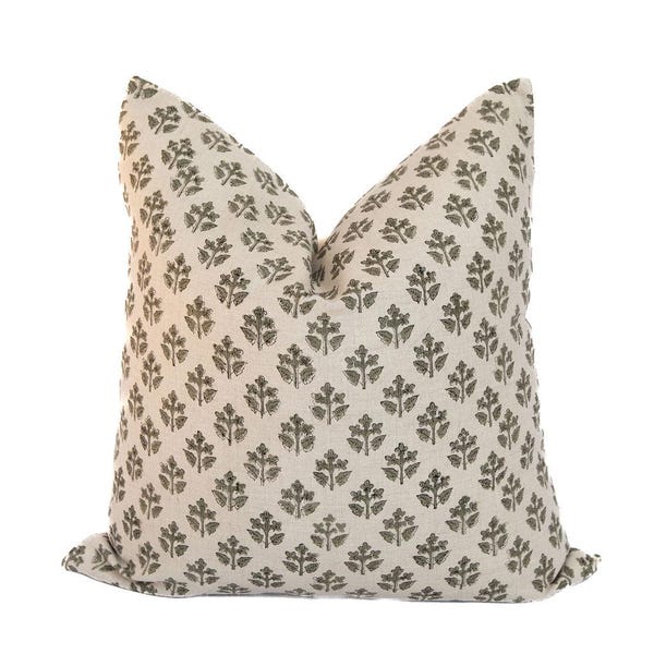 Lauren Pillow Cover, Hand-Block Printed Linen, Floral