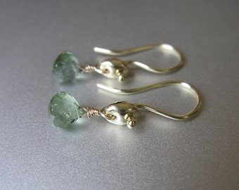 Green Tourmaline Drops Marine Link, Solid 14k Green Gold Earrings