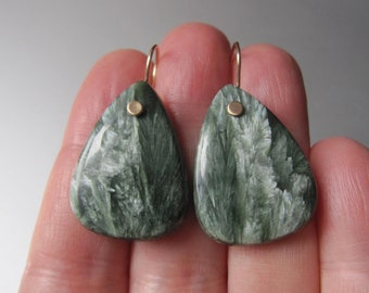 Seraphinite Large Drops Solid 14k Gold Earrings